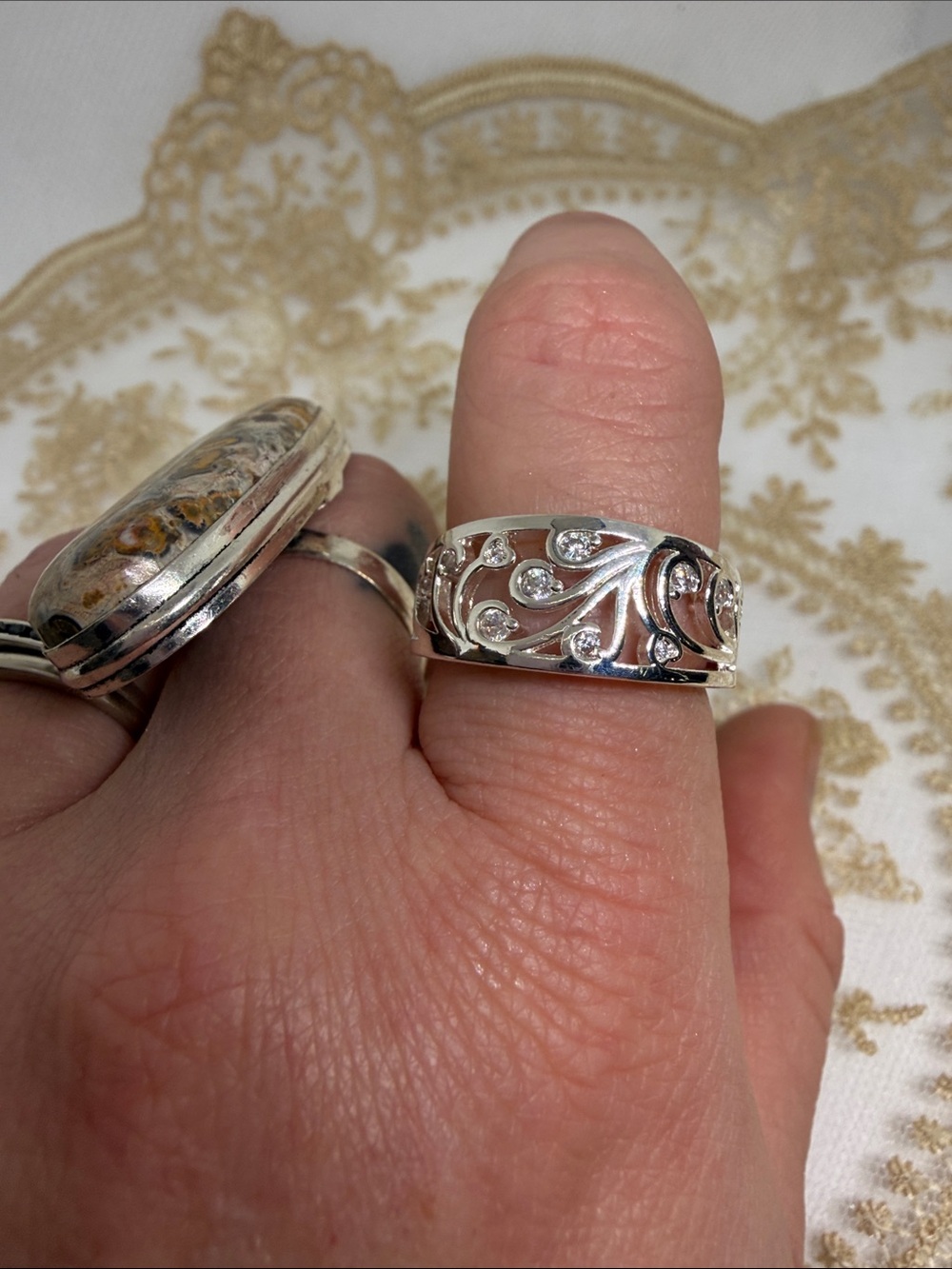 925 Sterling Silver Filigree CZ Ring | Romantic Scrollwork Band Sz 7.5